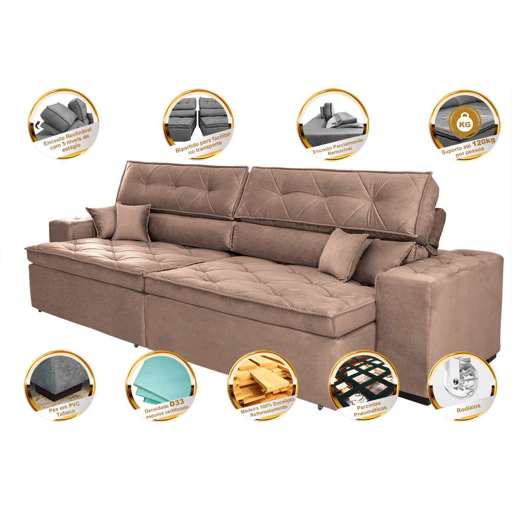 Sofá Retrátil e Reclinável 2,92m com Molas Cama inBox Estilo Suede Velusoft Castor