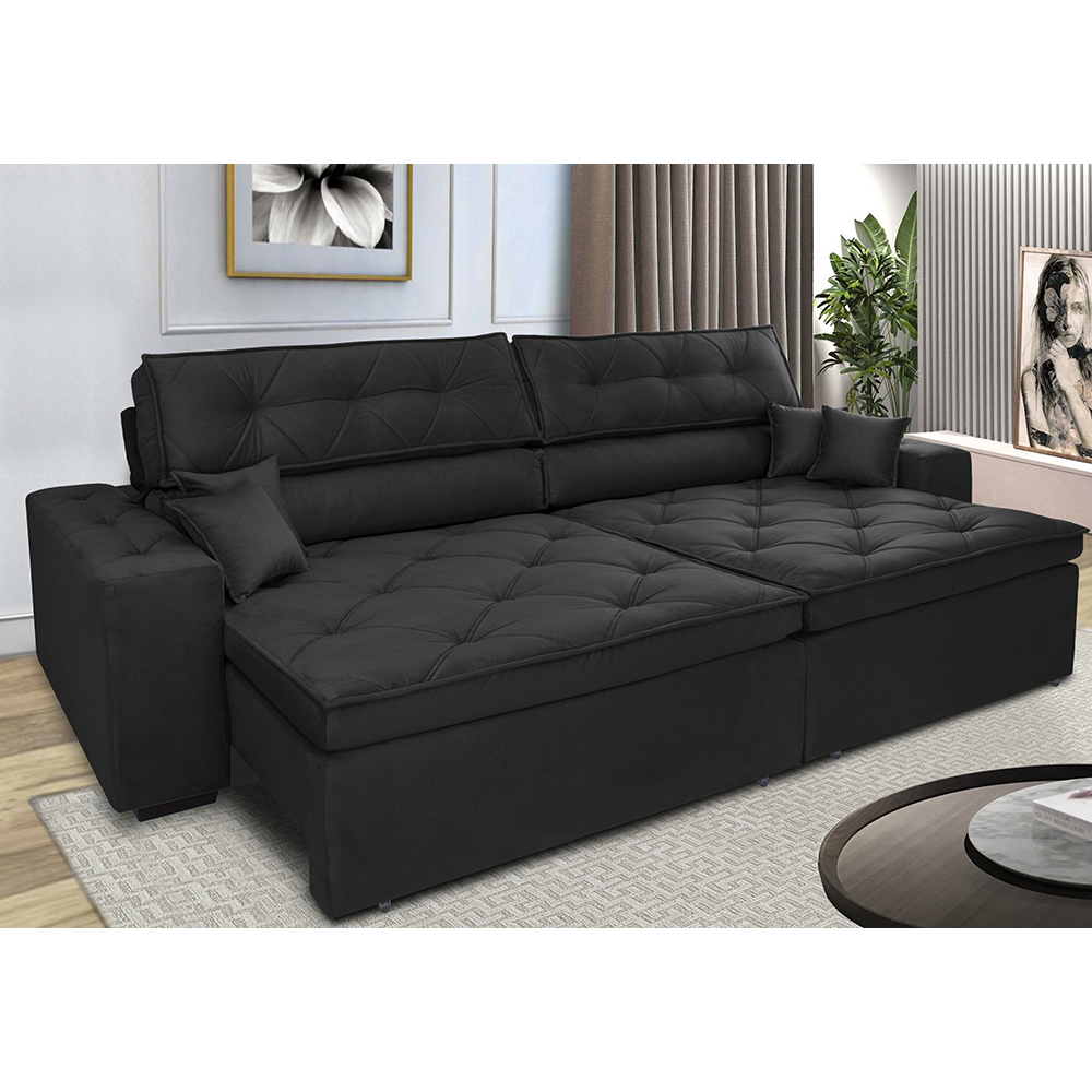 Sofá Retrátil e Reclinável 2,92m com Molas Cama inBox Estilo Suede Velusoft Preto
