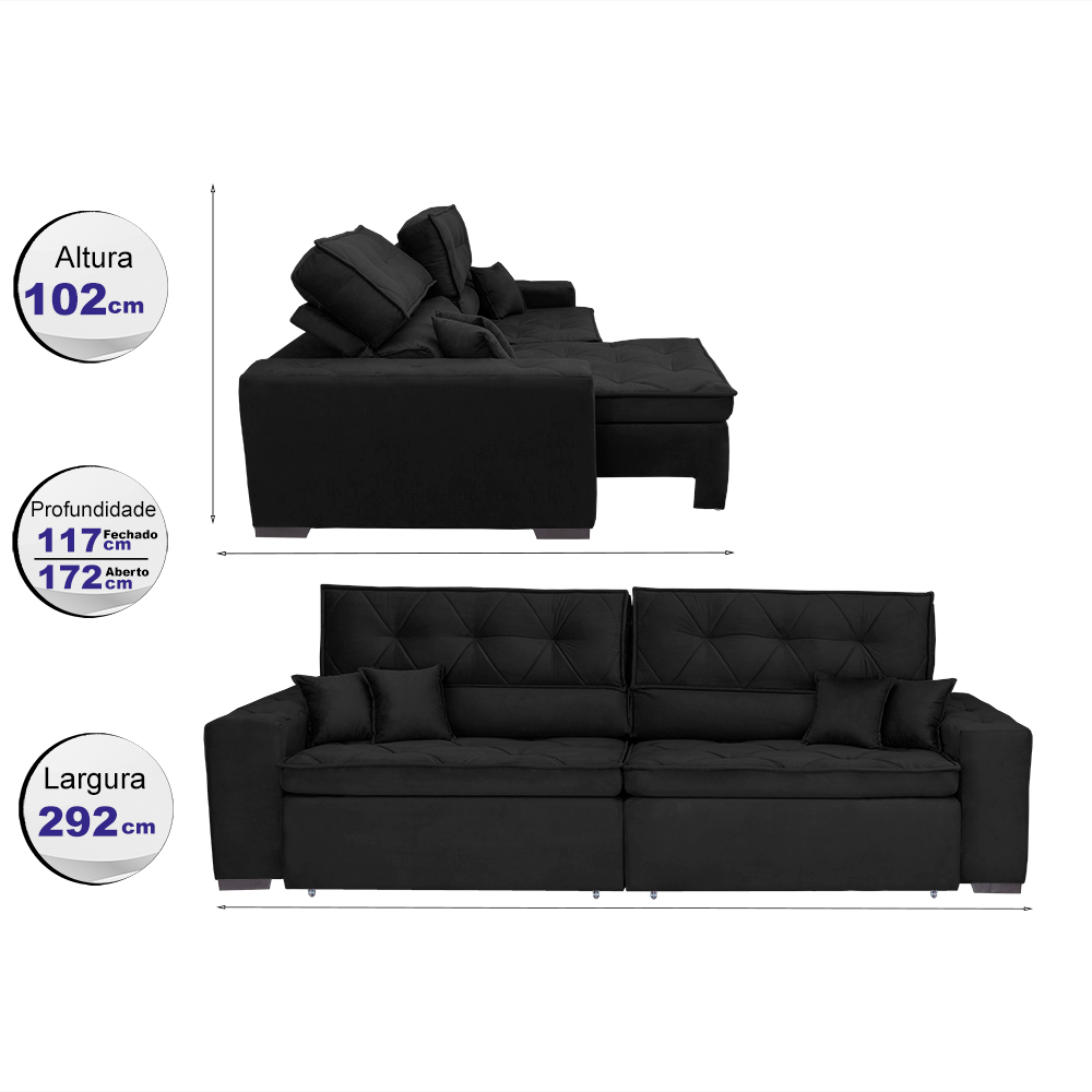 Sofá Retrátil e Reclinável 2,92m com Molas Cama inBox Estilo Suede Velusoft Preto