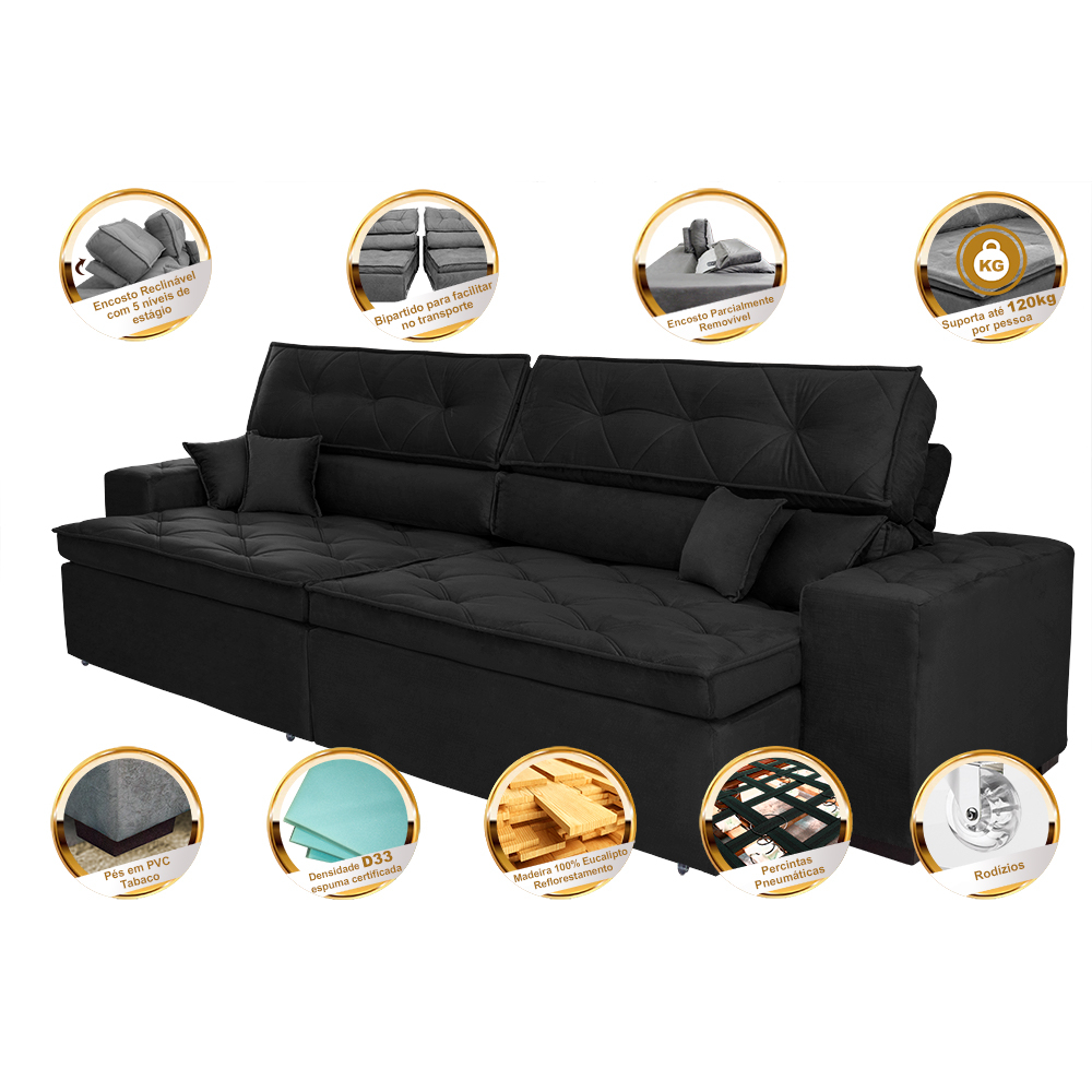 Sofá Retrátil e Reclinável 2,92m com Molas Cama inBox Estilo Suede Velusoft Preto