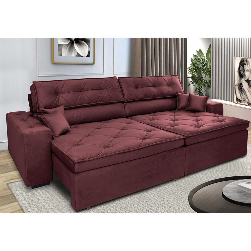 Sofá Retrátil e Reclinável 2,92m com Molas Cama inBox Estilo Suede Velusoft Vinho