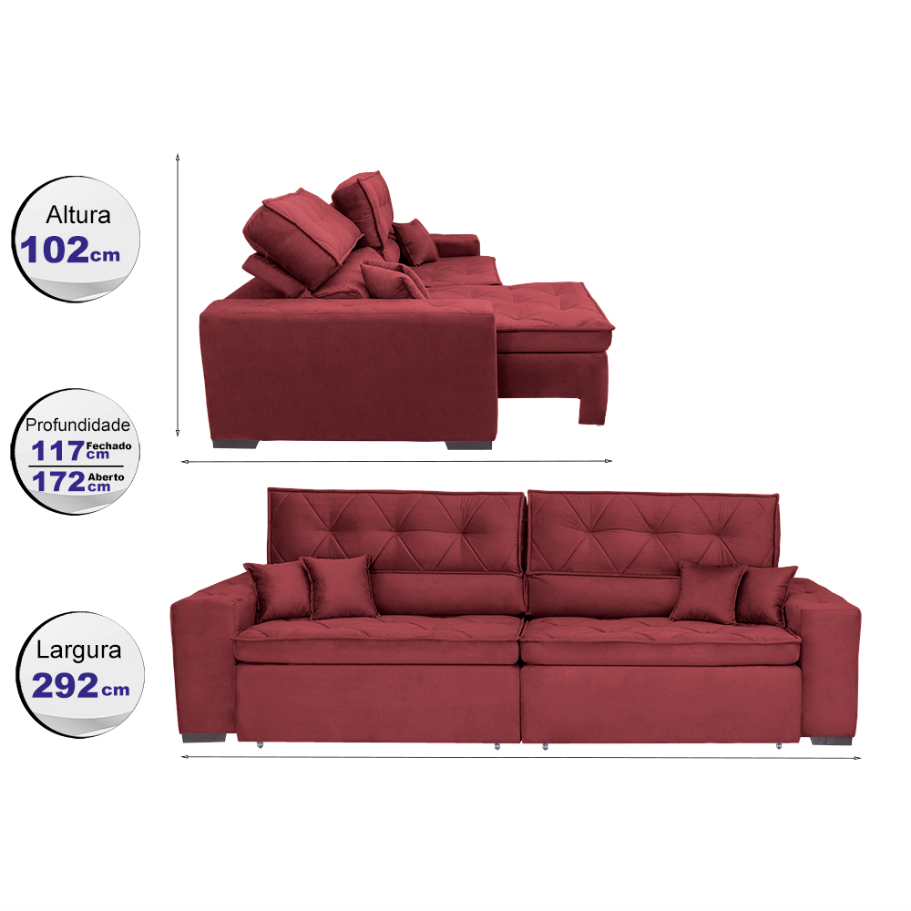 Sofá Retrátil e Reclinável 2,92m com Molas Cama inBox Estilo Suede Velusoft Vinho