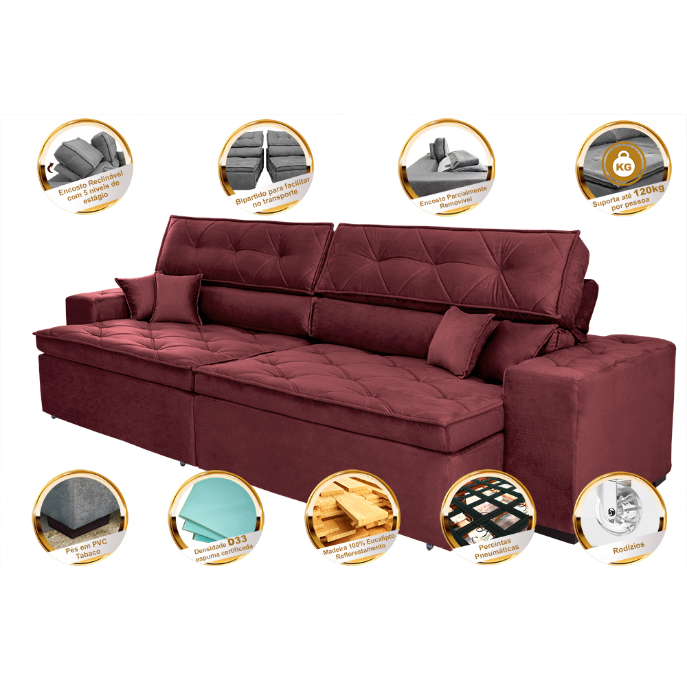 Sofá Retrátil e Reclinável 2,92m com Molas Cama inBox Estilo Suede Velusoft Vinho