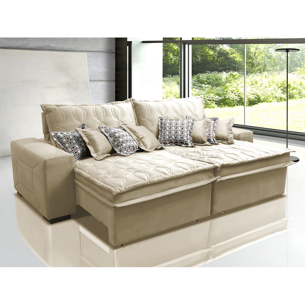 Sofá Retrátil e Reclinável 2,92m com Molas Ensacadas Cama Inbox Supreme Tecido Suede Velusoft Bege