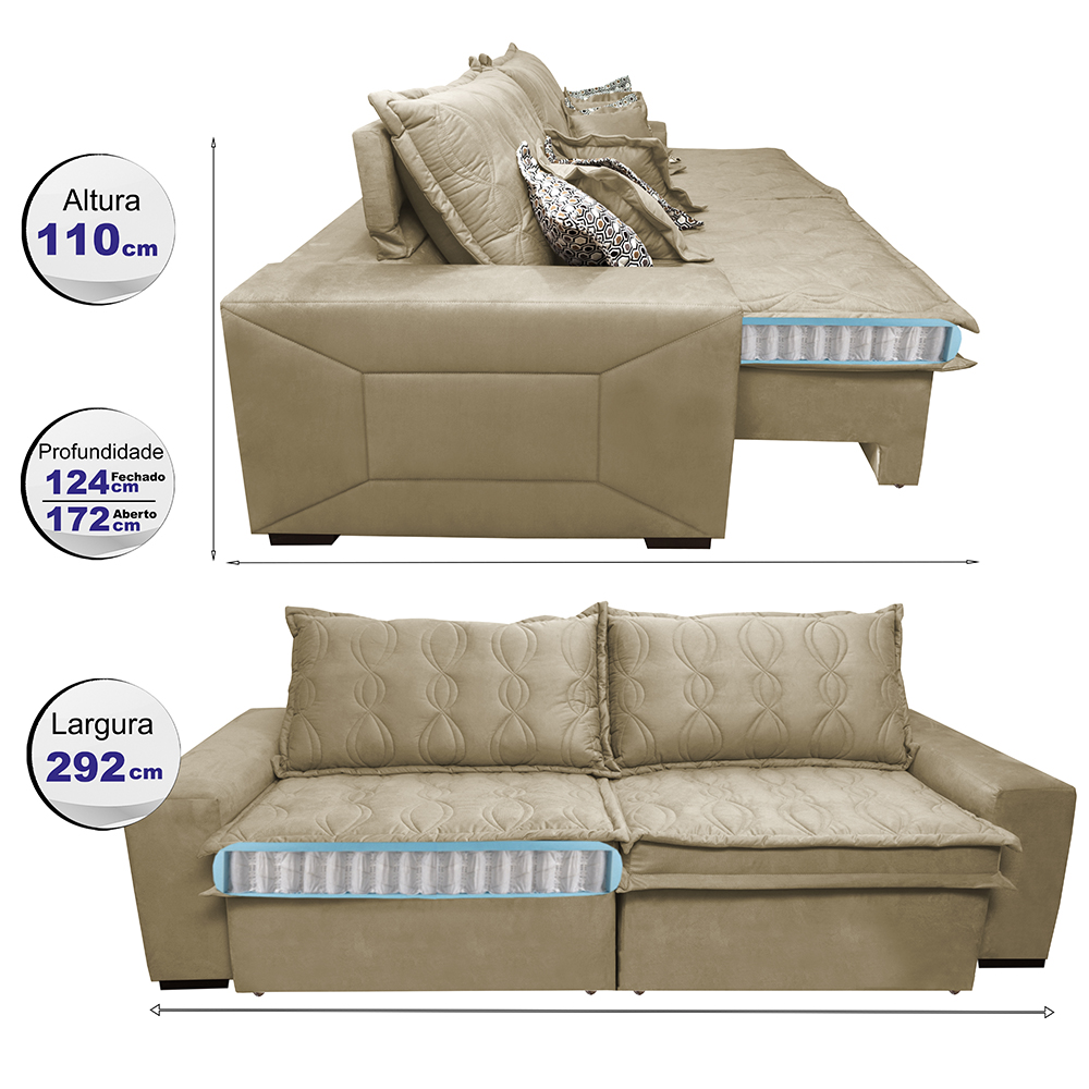 Sofá Retrátil e Reclinável 2,92m com Molas Ensacadas Cama Inbox Supreme Tecido Suede Velusoft Bege