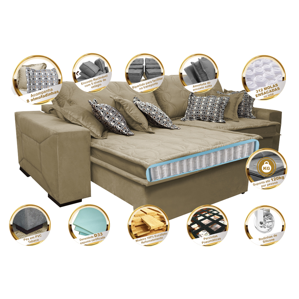 Sofá Retrátil e Reclinável 2,92m com Molas Ensacadas Cama Inbox Supreme Tecido Suede Velusoft Bege