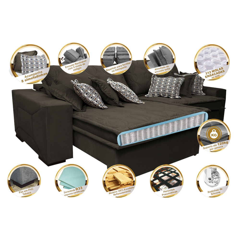 Sofá Retrátil e Reclinável 2,92m com Molas Ensacadas Cama Inbox Supreme Tecido Suede Velusoft Café