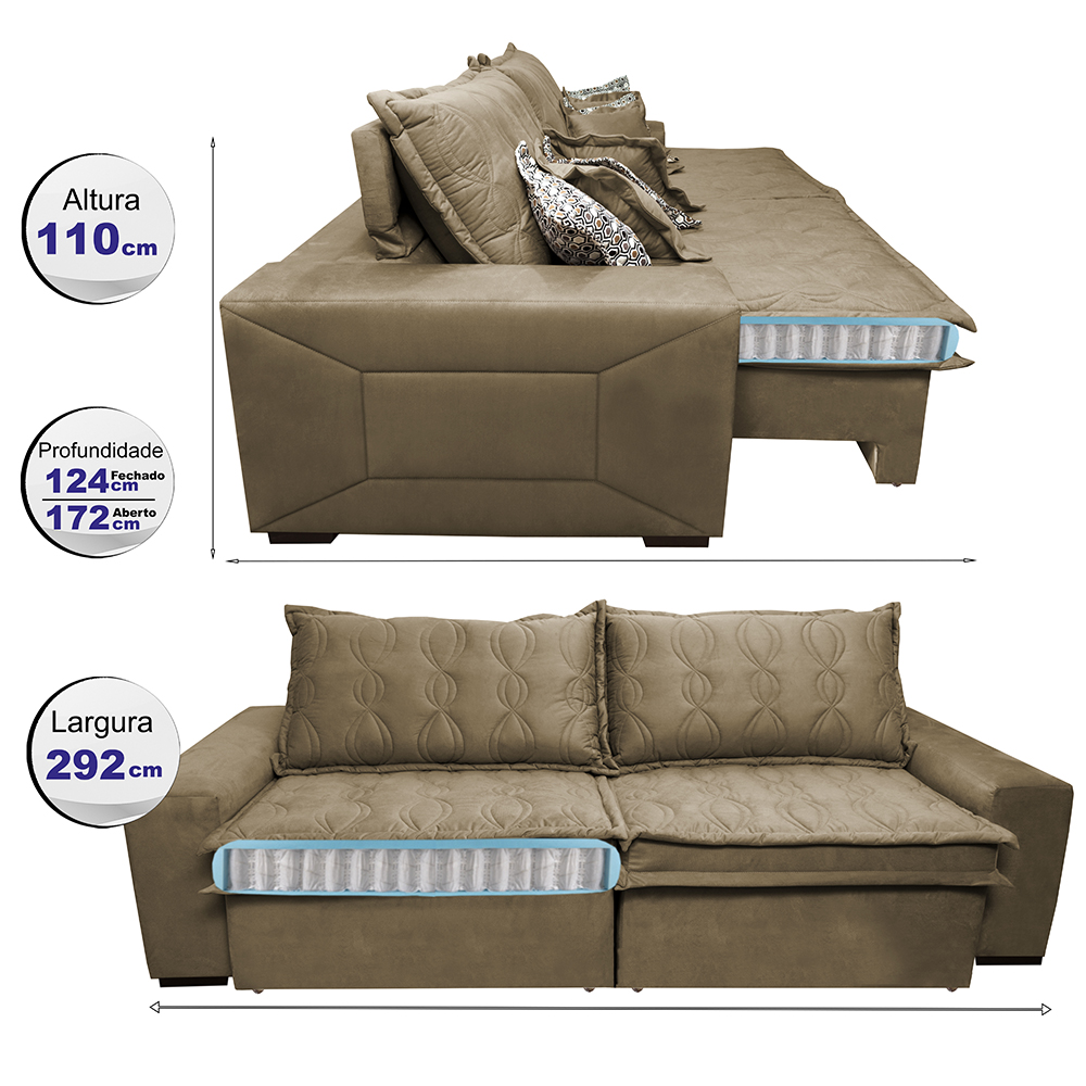 Sofá Retrátil e Reclinável 2,92m com Molas Ensacadas Cama Inbox Supreme Tecido Suede Velusoft Castor