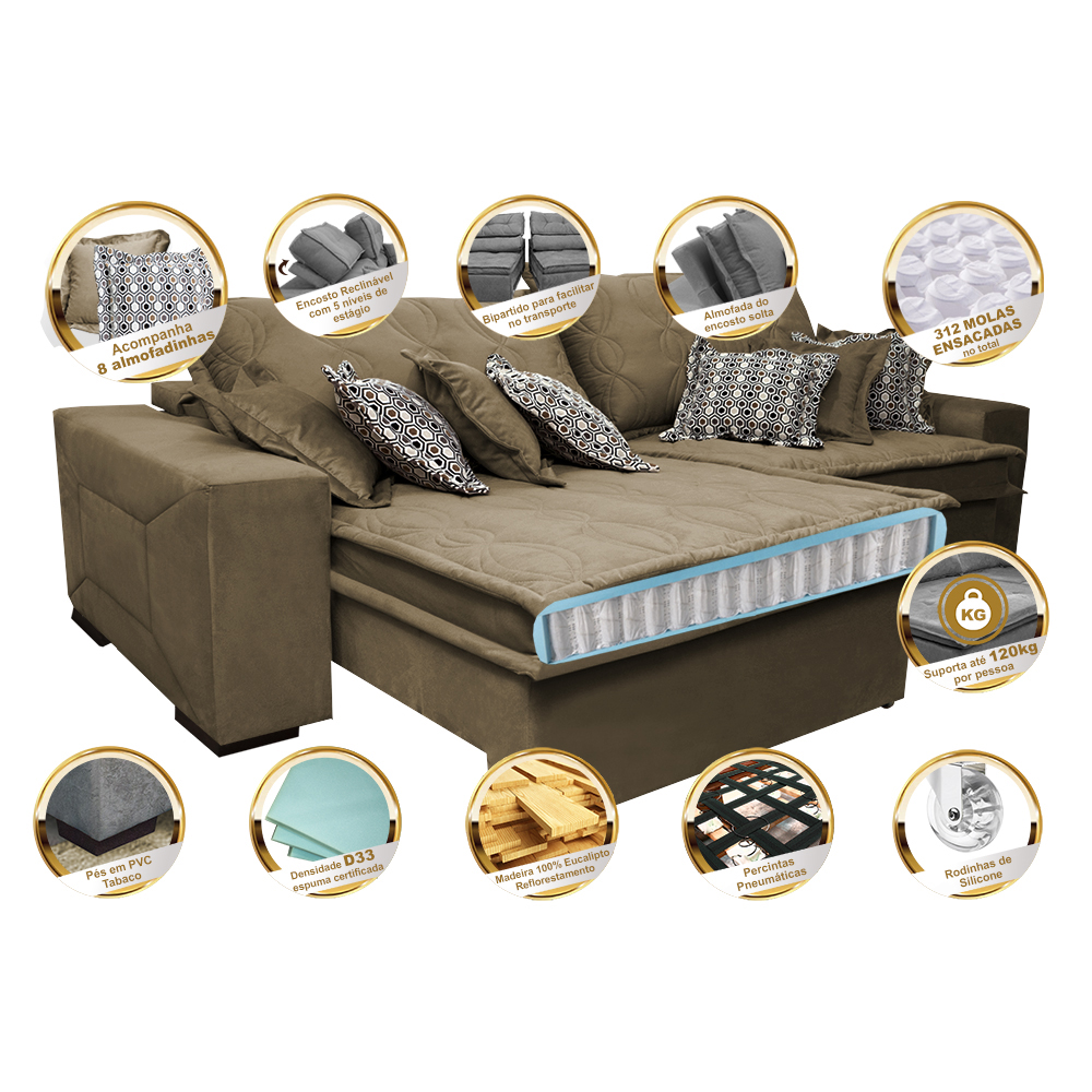 Sofá Retrátil e Reclinável 2,92m com Molas Ensacadas Cama Inbox Supreme Tecido Suede Velusoft Castor