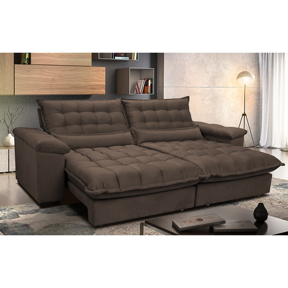 Sofá Retrátil e Reclinável 2,92m com Molas Ensacadas Cama inBox Aconchego Tecido Suede Café