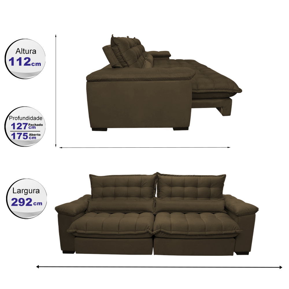 Sofá Retrátil e Reclinável 2,92m com Molas Ensacadas Cama inBox Aconchego Tecido Suede Café