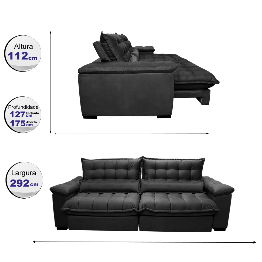 Sofá Retrátil e Reclinável 2,92m com Molas Ensacadas Cama inBox Aconchego Tecido Suede Preto