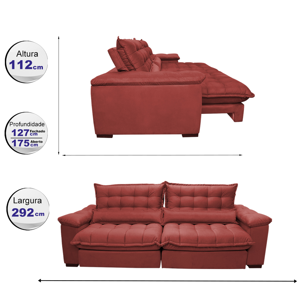 Sofá Retrátil e Reclinável 2,92m com Molas Ensacadas Cama inBox Aconchego Tecido Suede Vermelho