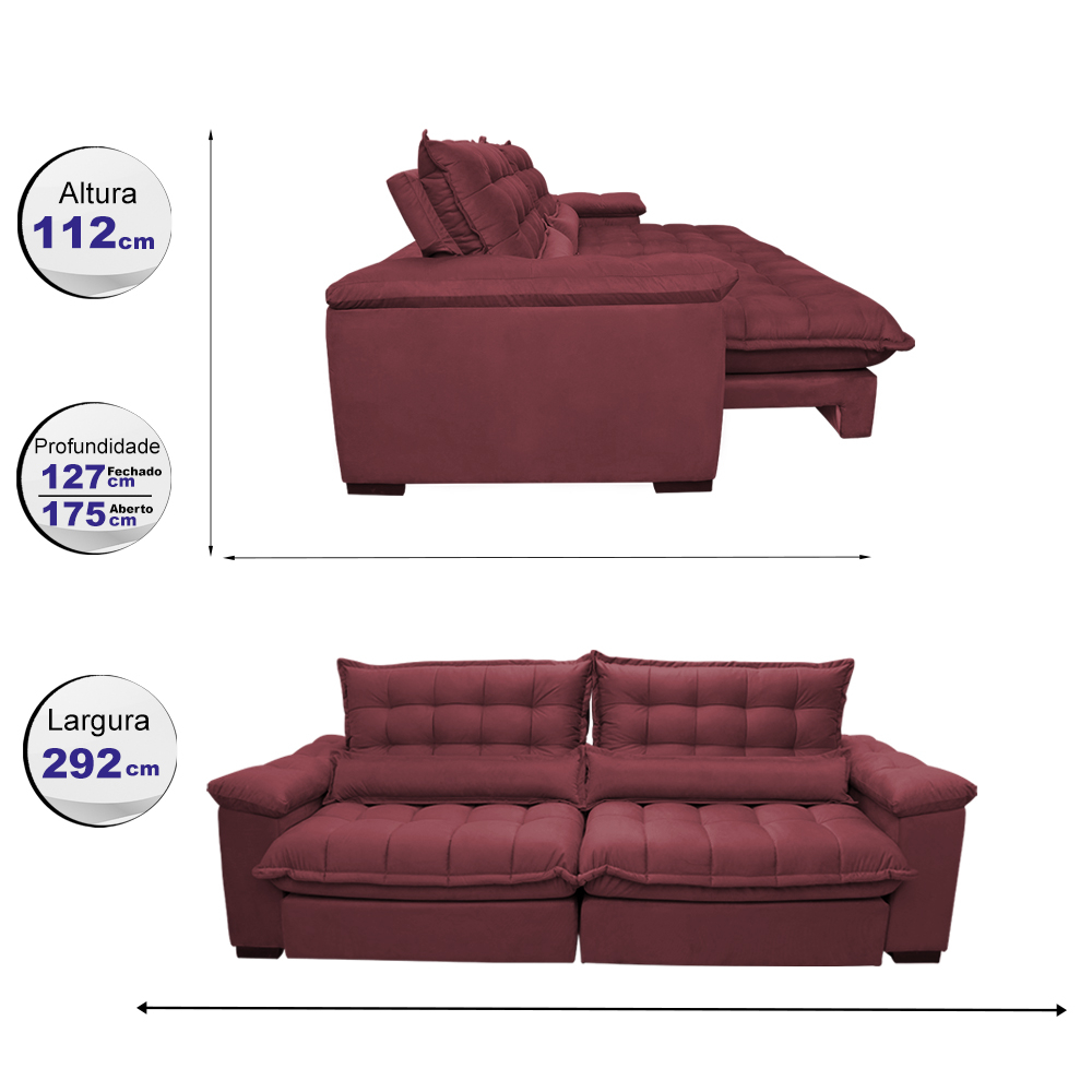 Sofá Retrátil e Reclinável 2,92m com Molas Ensacadas Cama inBox Aconchego Tecido Suede Vinho