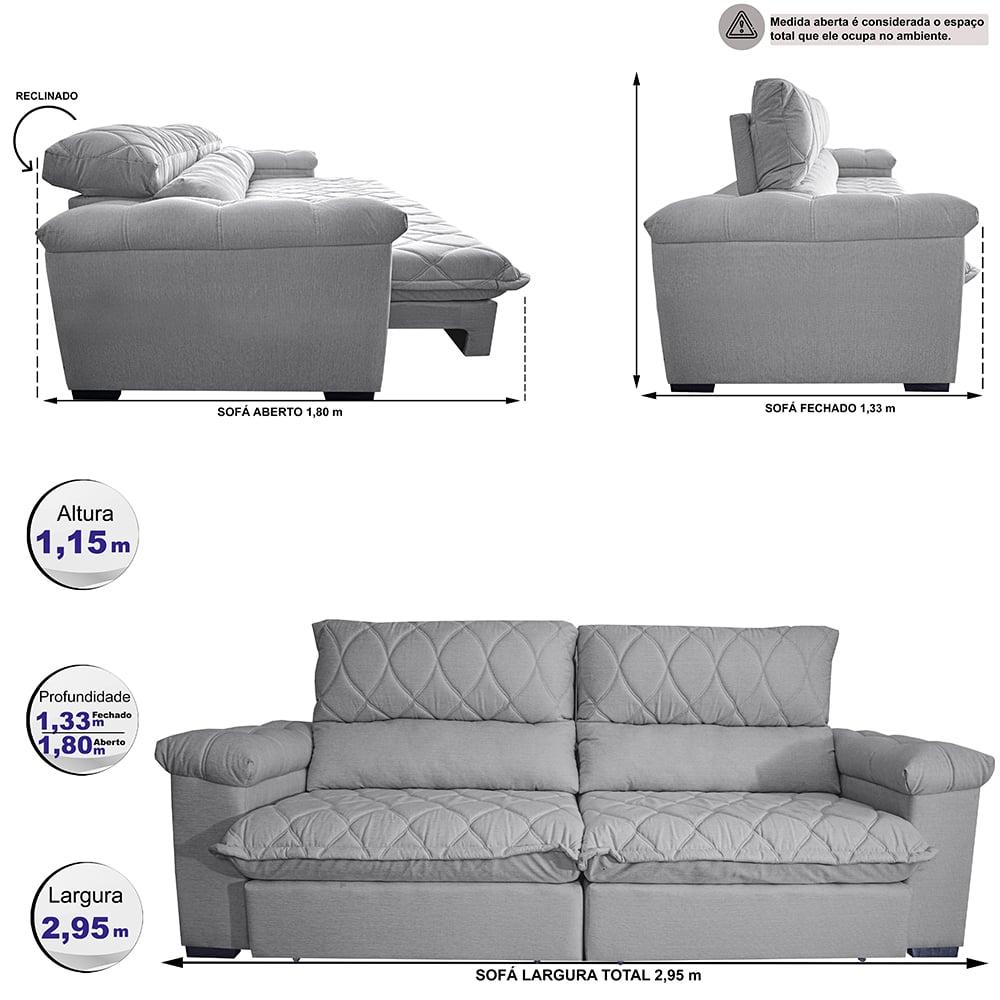 Sofá Retrátil e Reclinável 2,95m Molas Ensacadas Cama inBox Big Home com Bordado 3D Linho Cinza Claro