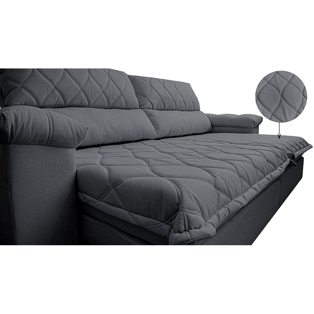 Sofá Retrátil e Reclinável 2,95m Molas Ensacadas Cama inBox Big Home com Bordado 3D Linho Cinza Escuro