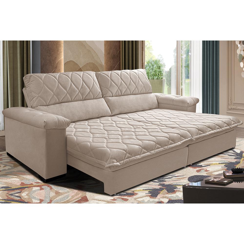 Sofá Retrátil e Reclinável 2,95m Molas Ensacadas Cama inBox Big Home com Bordado 3D Velusoft Bege
