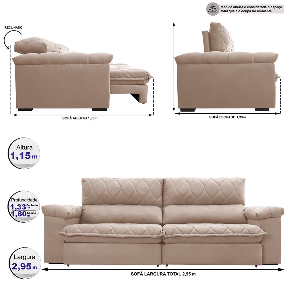 Sofá Retrátil e Reclinável 2,95m Molas Ensacadas Cama inBox Big Home com Bordado 3D Velusoft Bege