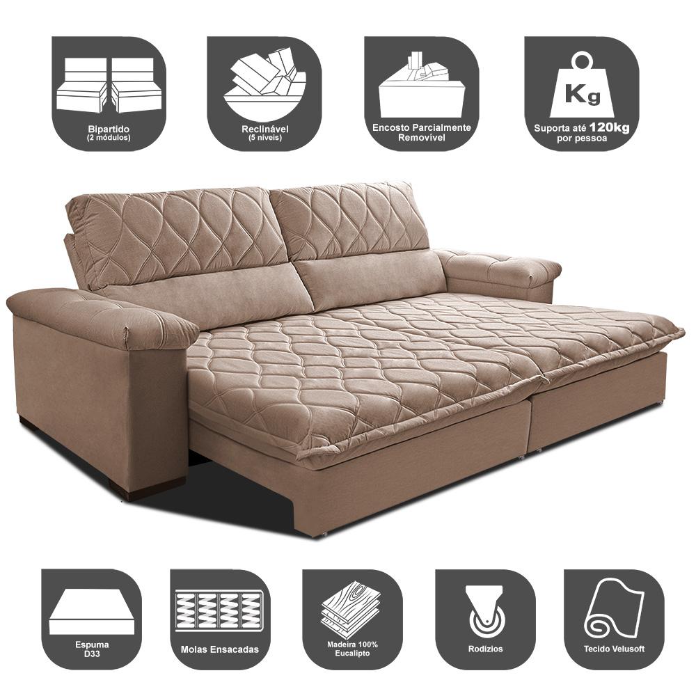 Sofá Retrátil e Reclinável 2,95m Molas Ensacadas Cama inBox Big Home com Bordado 3D Velusoft Bege