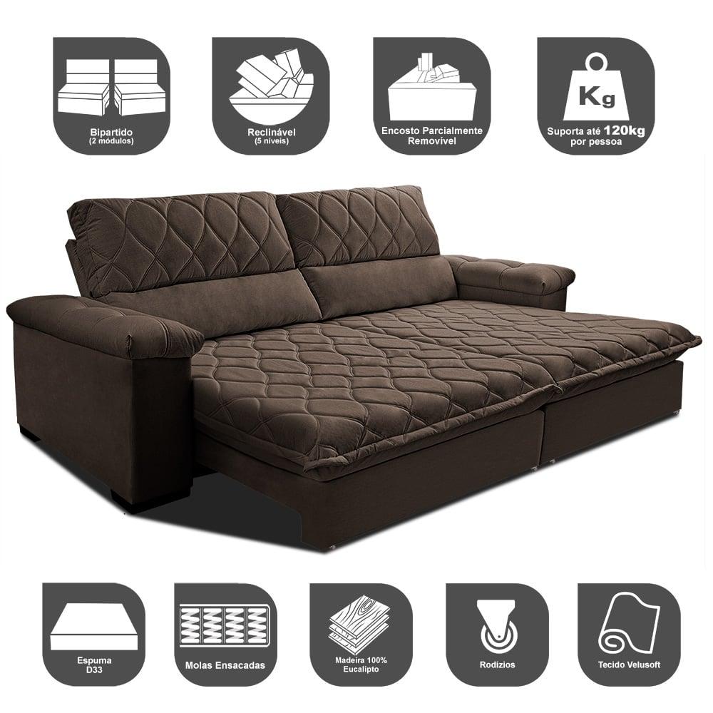 Sofá Retrátil e Reclinável 2,95m Molas Ensacadas Cama inBox Big Home com Bordado 3D Velusoft Café