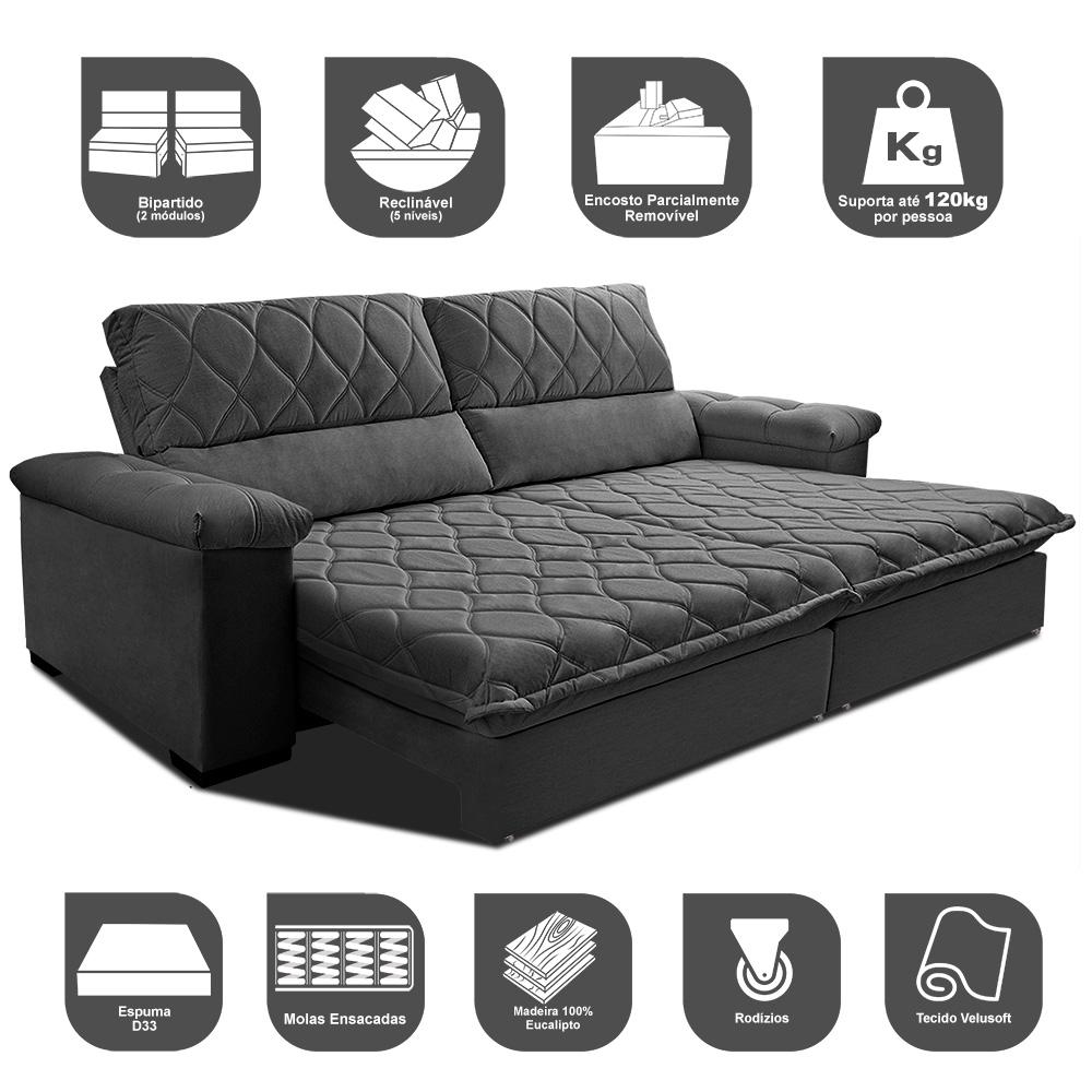 Sofá Retrátil e Reclinável 2,95m Molas Ensacadas Cama inBox Big Home com Bordado 3D Velusoft Cinza