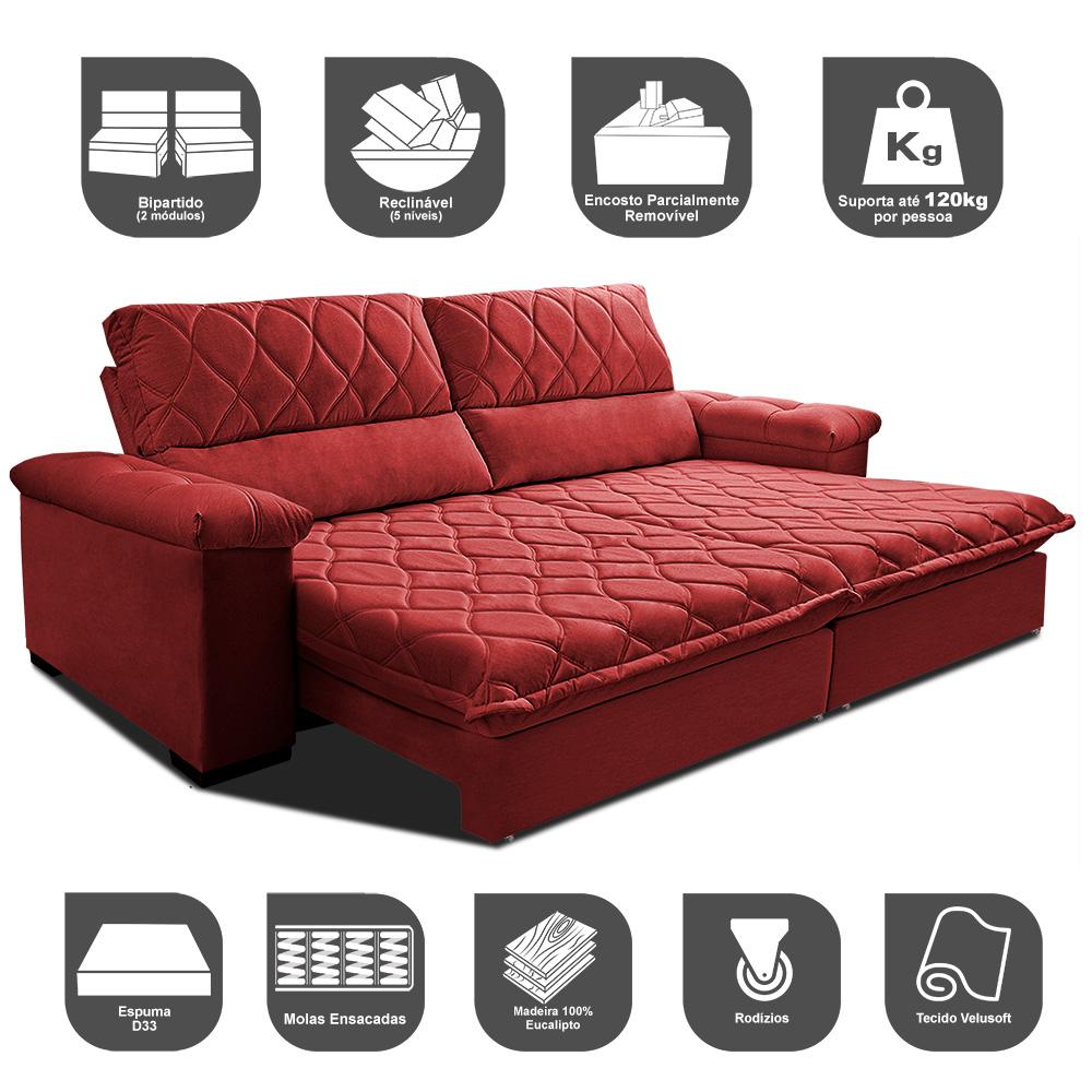 Sofá Retrátil e Reclinável 2,95m Molas Ensacadas Cama inBox Big Home com Bordado Velusoft Vermelho