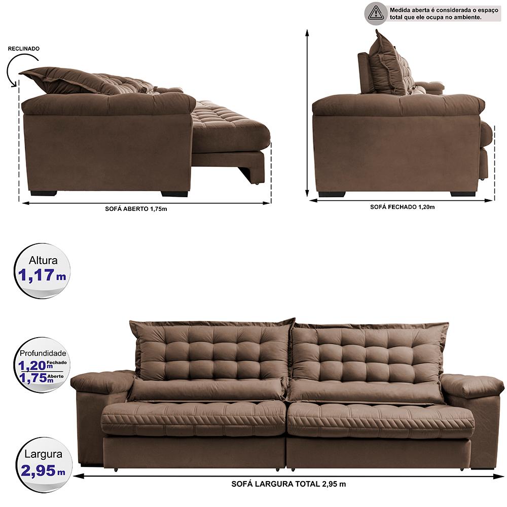 Sofá Retrátil e Reclinável 2,95m Molas Ensacadas Cama inBox Big Space com Bordado 3D Velusoft Castor
