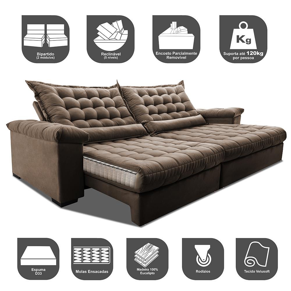 Sofá Retrátil e Reclinável 2,95m Molas Ensacadas Cama inBox Big Space com Bordado 3D Velusoft Castor