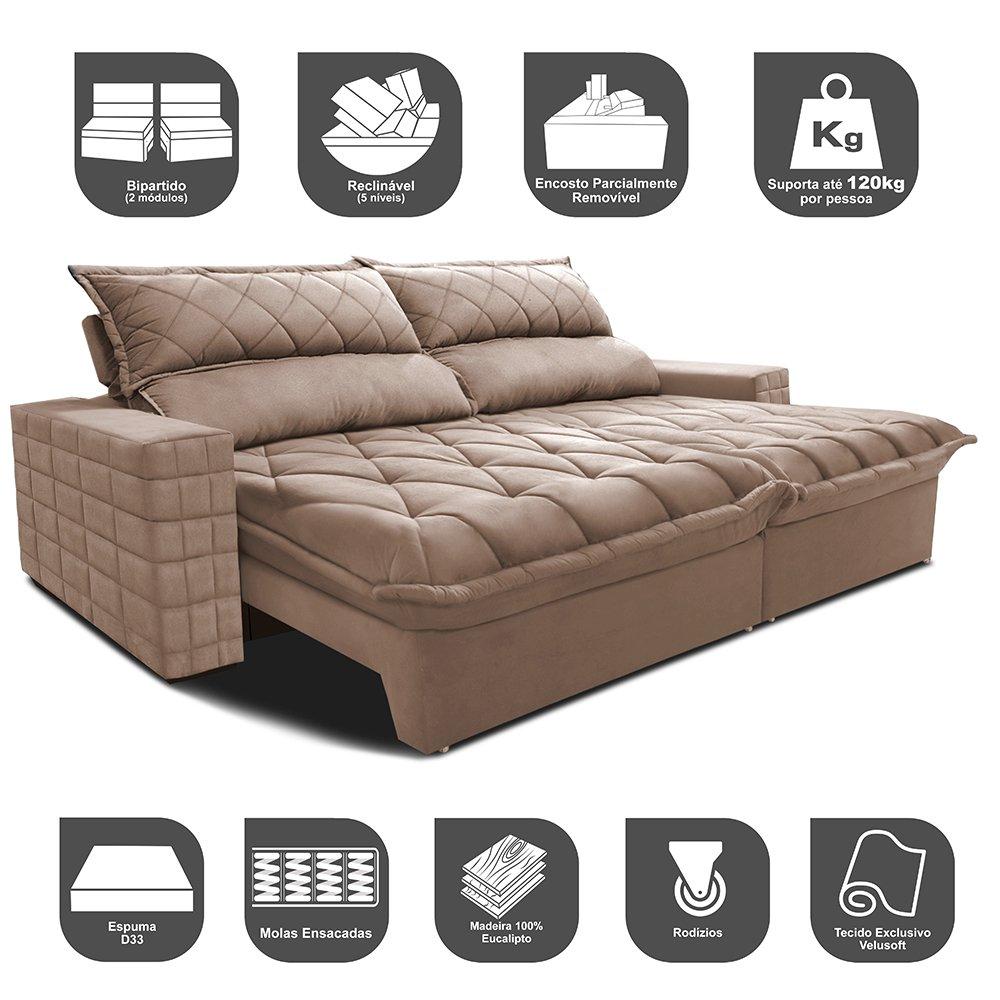 Sofá Retrátil e Reclinável 2,95m Molas Ensacadas Cama inBox Elegance com ThermoGel Velusoft Bege