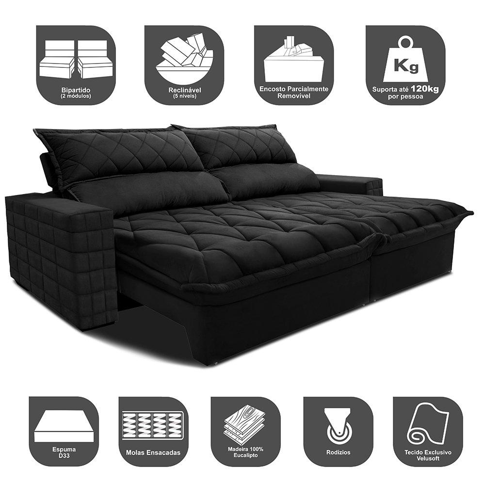 Sofá Retrátil e Reclinável 2,95m Molas Ensacadas Cama inBox Elegance com ThermoGel Velusoft Preto