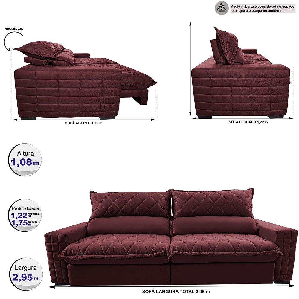 Sofá Retrátil e Reclinável 2,95m Molas Ensacadas Cama inBox Elegance com ThermoGel Velusoft Vinho