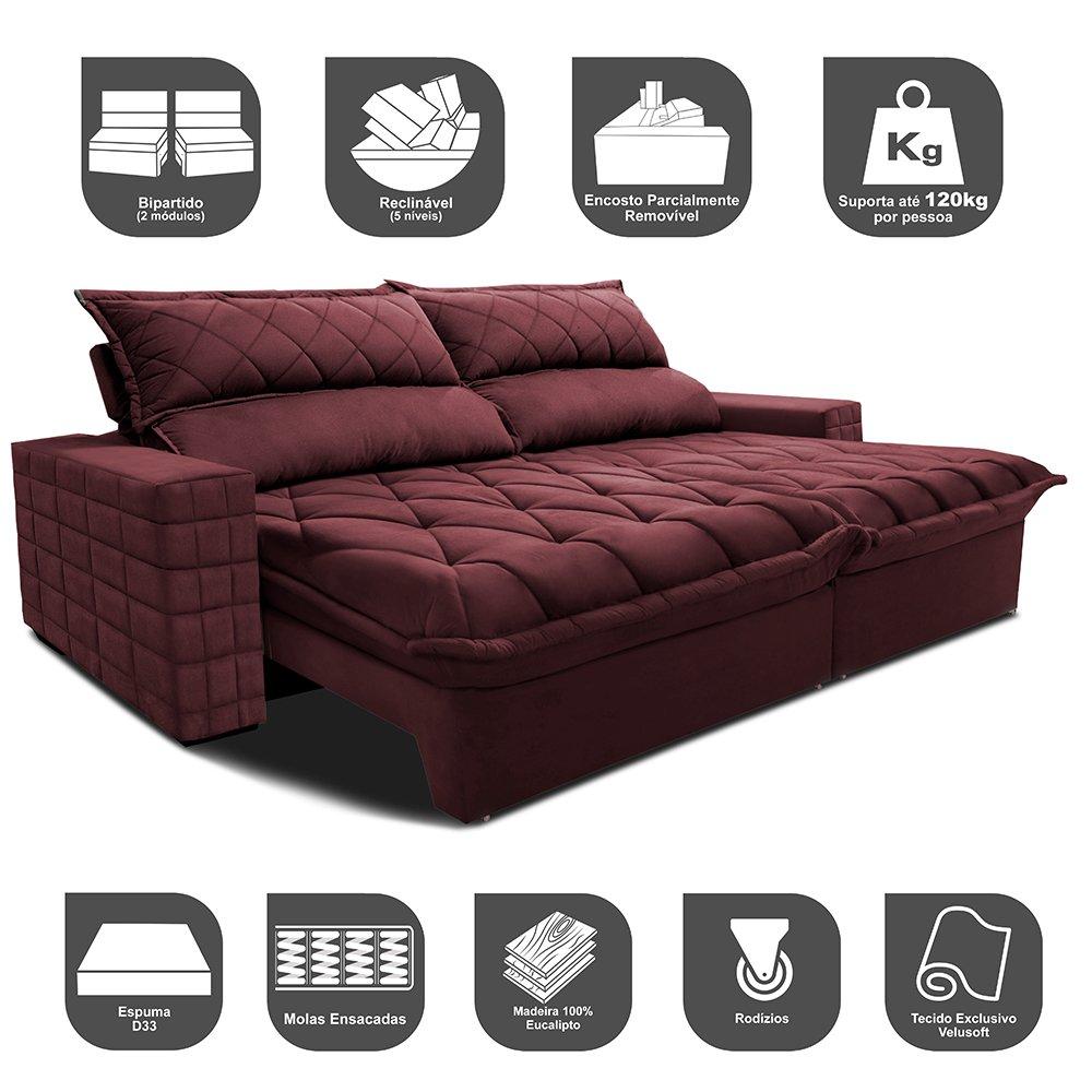 Sofá Retrátil e Reclinável 2,95m Molas Ensacadas Cama inBox Elegance com ThermoGel Velusoft Vinho