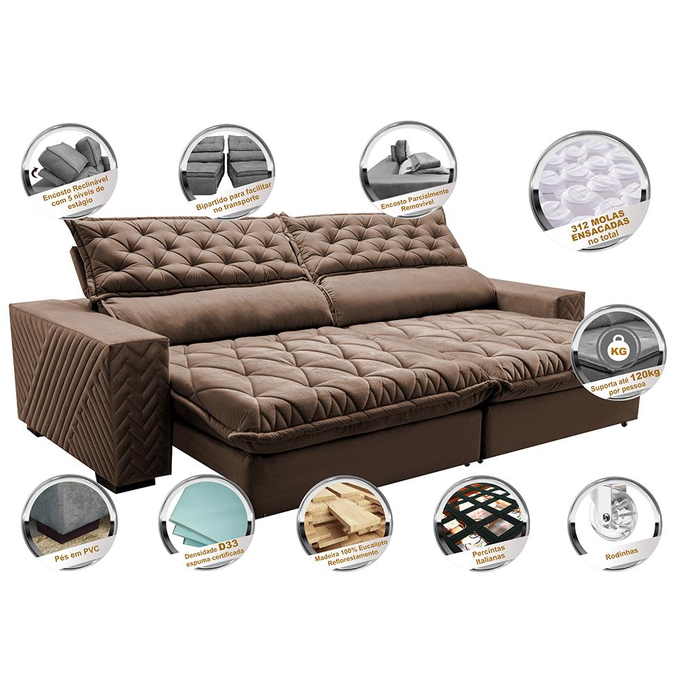Sofá Retrátil e Reclinável 2,95m Molas Ensacadas Cama inBox Spazus com Bordado 3D Velusoft Castor