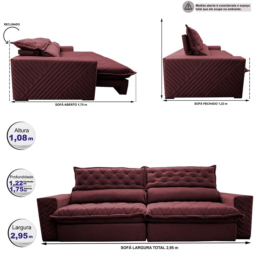 Sofá Retrátil e Reclinável 2,95m Molas Ensacadas Cama inBox Spazus com Bordado 3D Velusoft Vinho