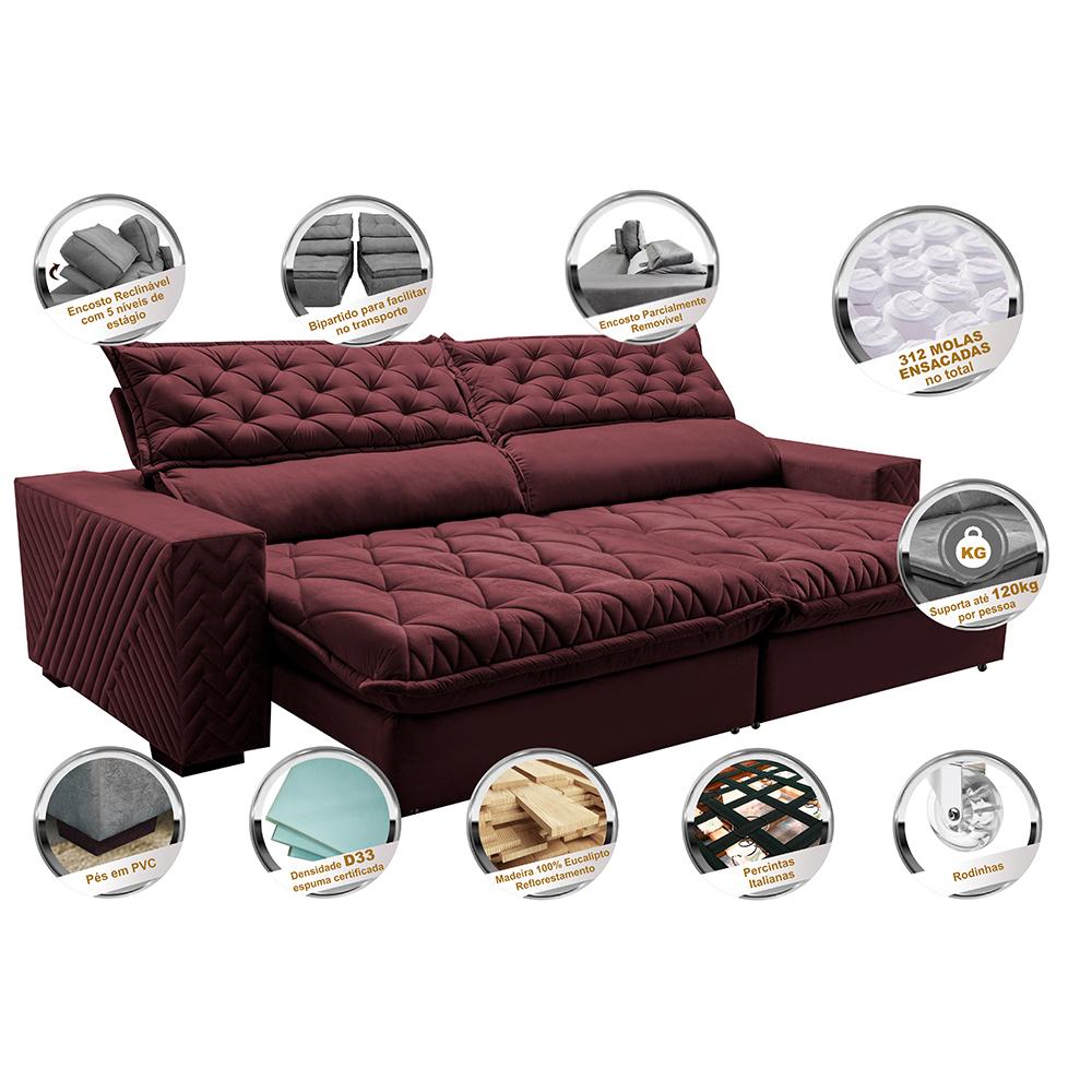 Sofá Retrátil e Reclinável 2,95m Molas Ensacadas Cama inBox Spazus com Bordado 3D Velusoft Vinho