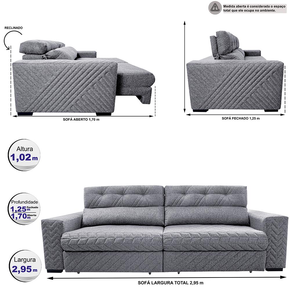 Sofá Retrátil e Reclinável 2,95m Molas Ensacadas Cama inBox Style Thermo Gel Linho Cinza Claro