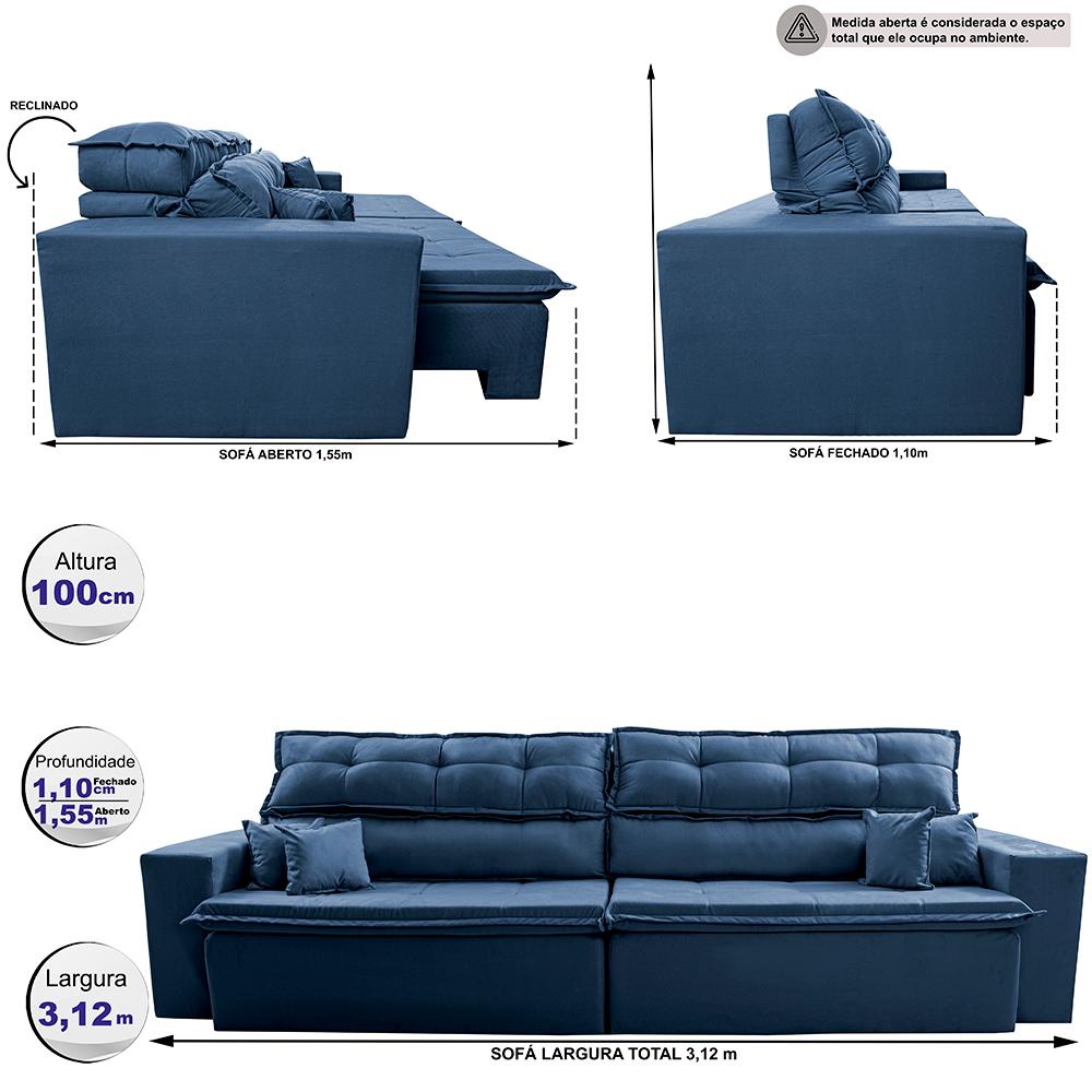 Sofá Retrátil e Reclinável 3,12m Luxos Cama inBox Velusoft Azul