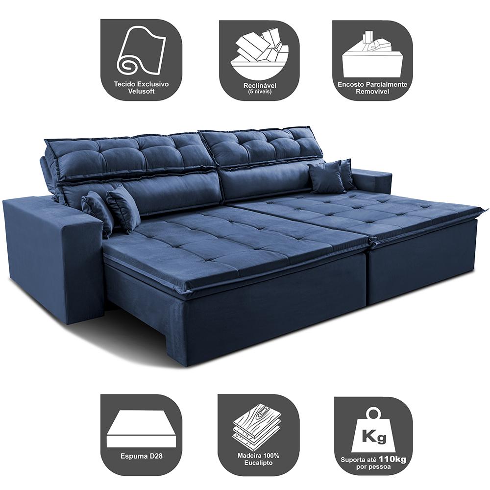 Sofá Retrátil e Reclinável 3,12m Luxos Cama inBox Velusoft Azul