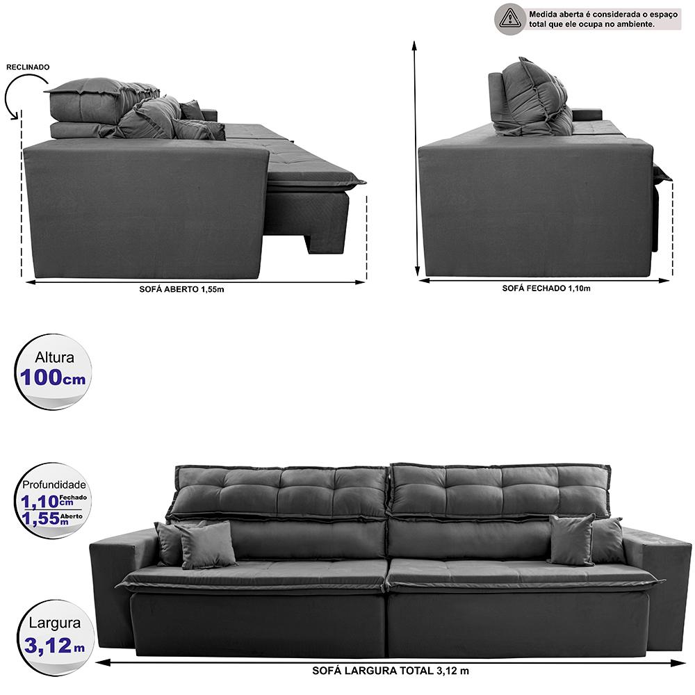 Sofá Retrátil e Reclinável 3,12m Luxos Cama inBox Velusoft Cinza