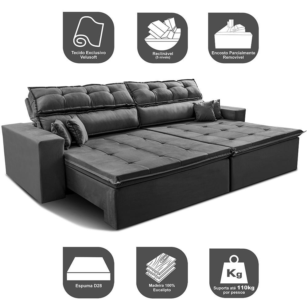 Sofá Retrátil e Reclinável 3,12m Luxos Cama inBox Velusoft Cinza