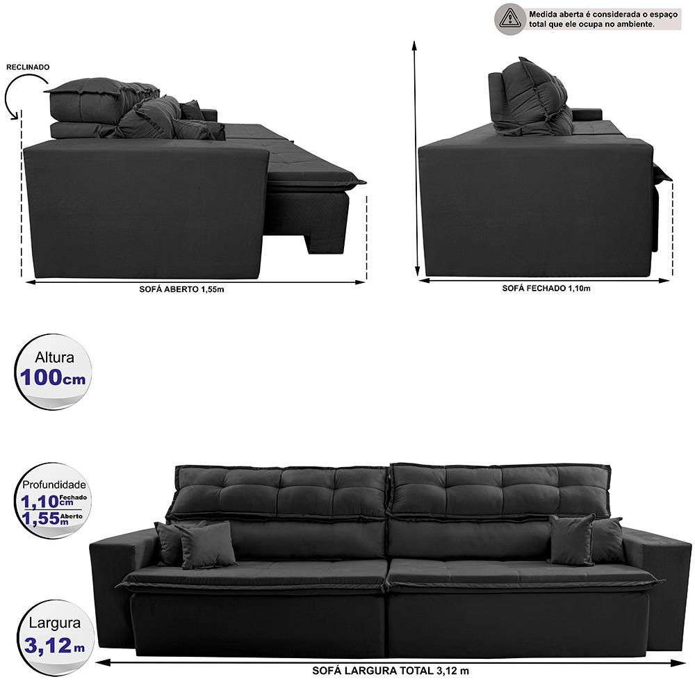 Sofá Retrátil e Reclinável 3,12m Luxos Cama inBox Velusoft Preto