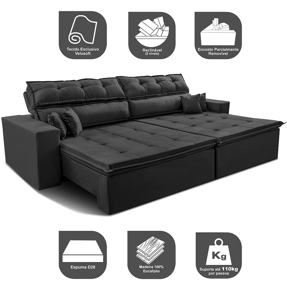 Sofá Retrátil e Reclinável 3,12m Luxos Cama inBox Velusoft Preto