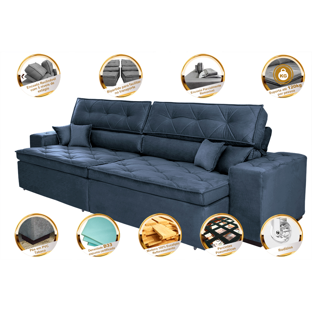 Sofá Retrátil e Reclinável 3,12m com Molas Cama inBox Estilo Suede Velusoft Azul
