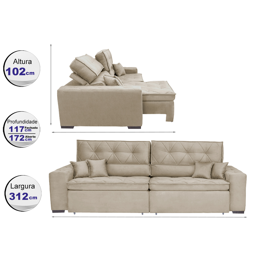 Sofá Retrátil e Reclinável 3,12m com Molas Cama inBox Estilo Suede Velusoft Bege