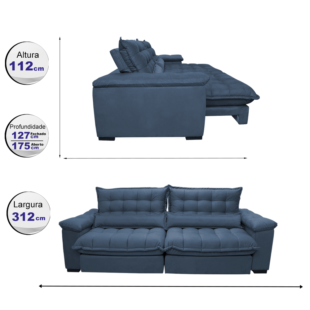 Sofá Retrátil e Reclinável 3,12m com Molas Ensacadas Cama inBox Aconchego Tecido Suede Azul