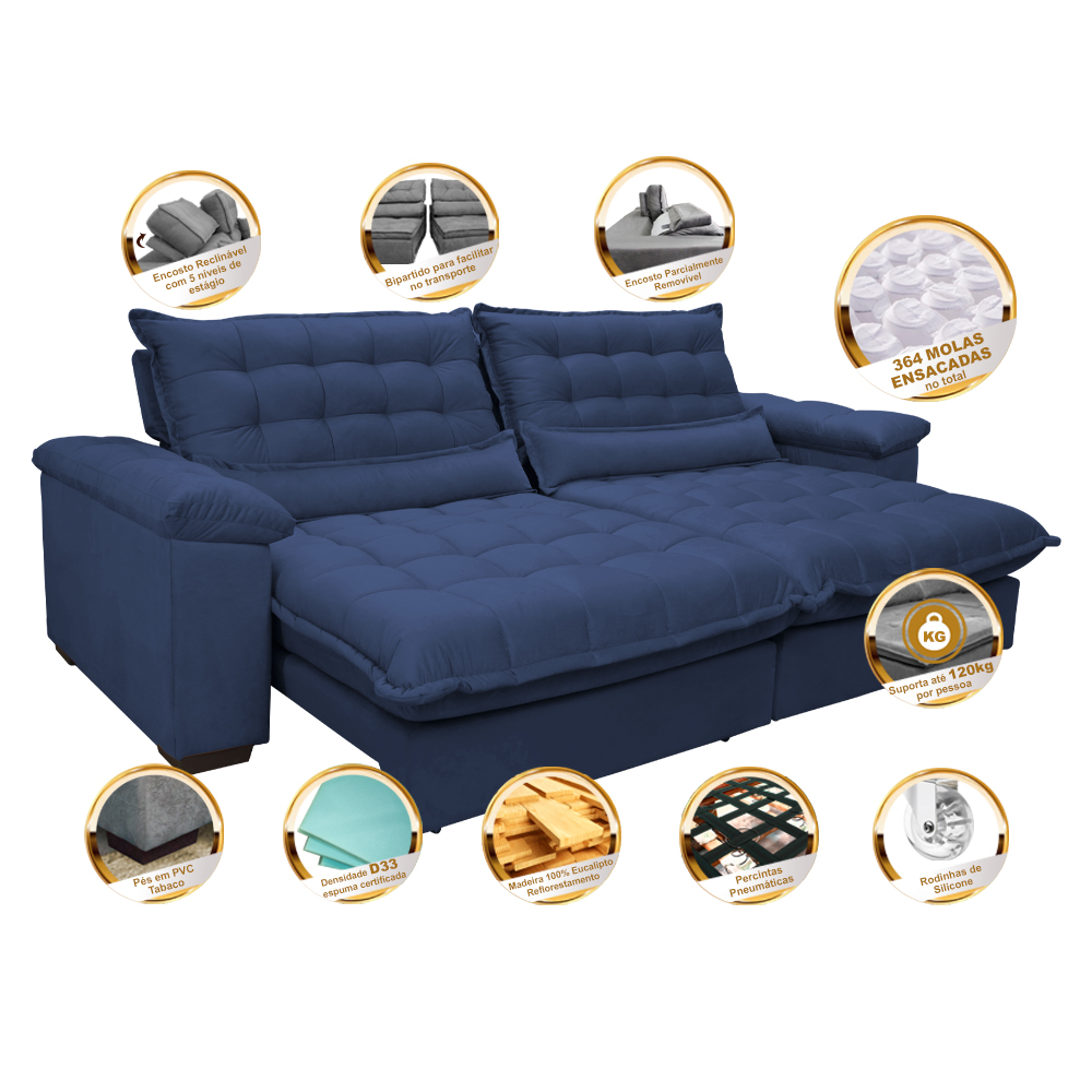 Sofá Retrátil e Reclinável 3,12m com Molas Ensacadas Cama inBox Aconchego Tecido Suede Azul