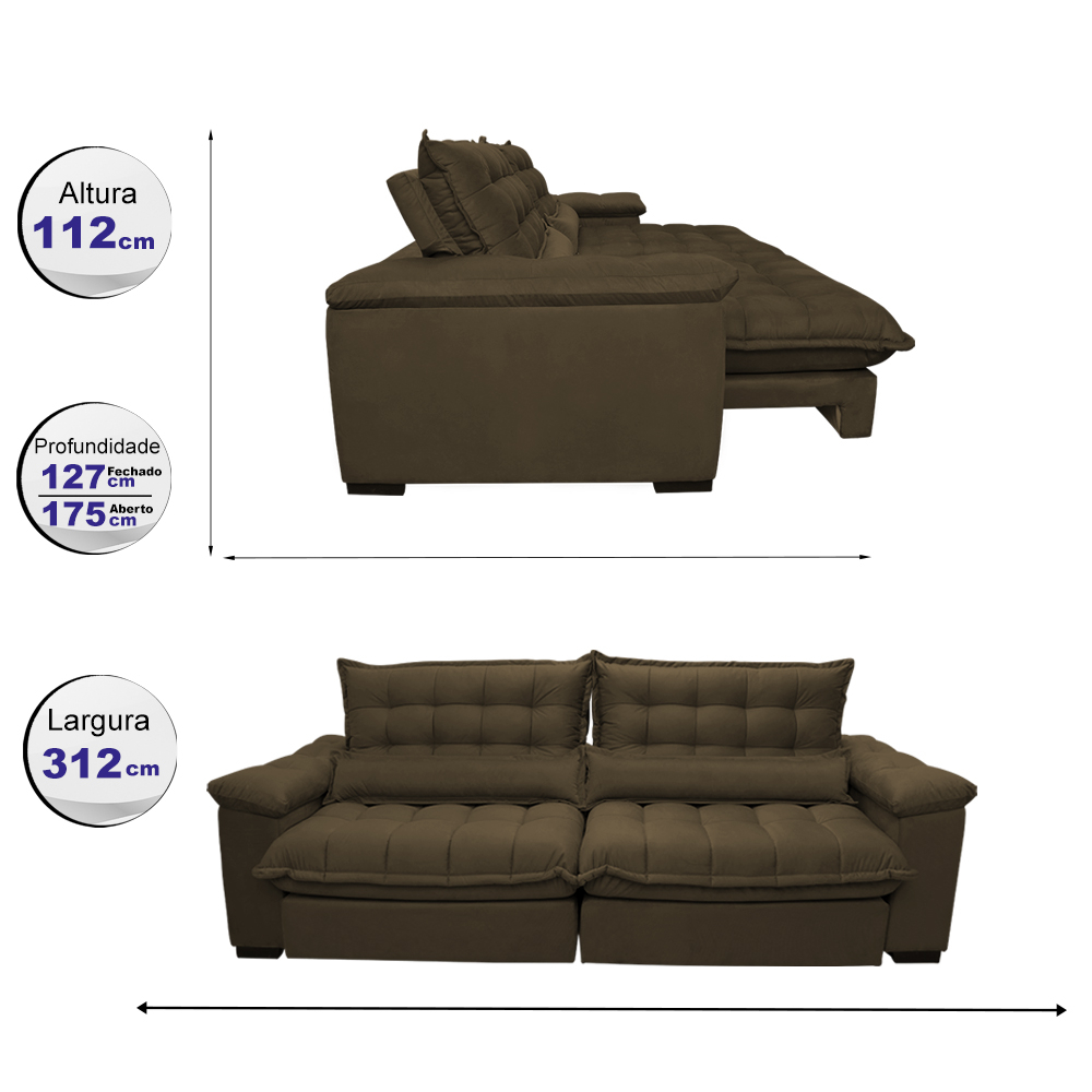 Sofá Retrátil e Reclinável 3,12m com Molas Ensacadas Cama inBox Aconchego Tecido Suede Café
