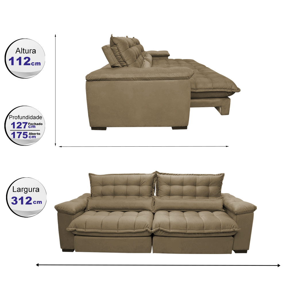Sofá Retrátil e Reclinável 3,12m com Molas Ensacadas Cama inBox Aconchego Tecido Suede Castor