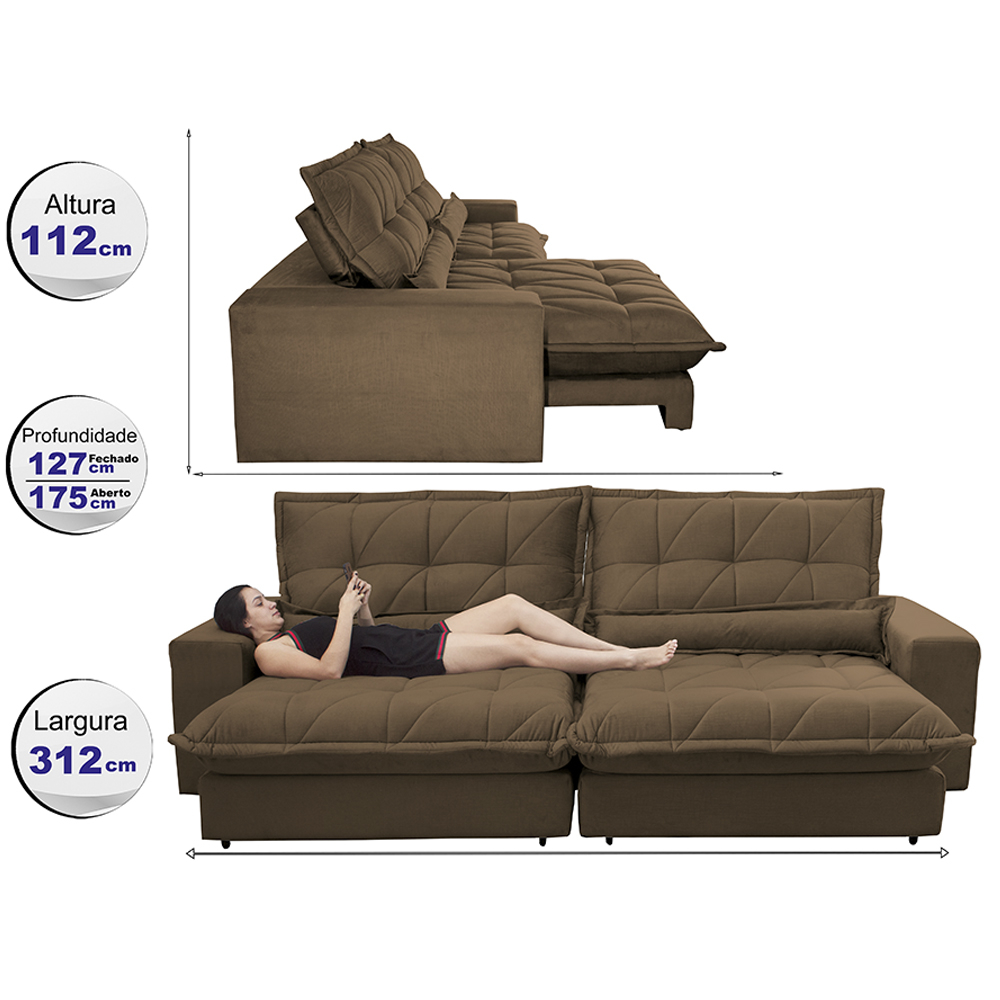 Sofá Retrátil e Reclinável 3,12m com Molas Ensacadas Cama inBox Soft Tecido Suede Café