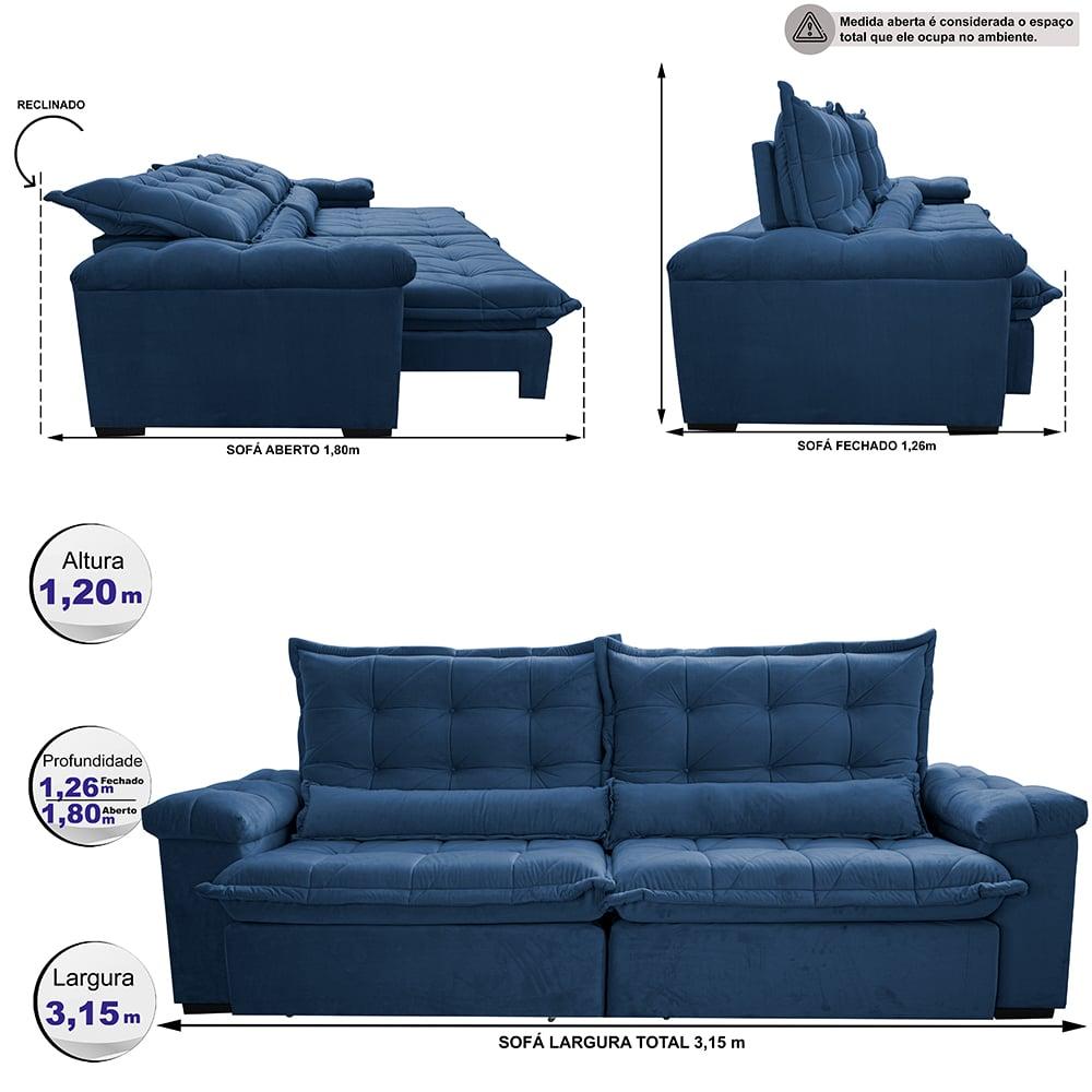 Sofá Retrátil e Reclinável 3,15m Cama inBox Big Fresh com SoftGel D40 Velupluma Azul